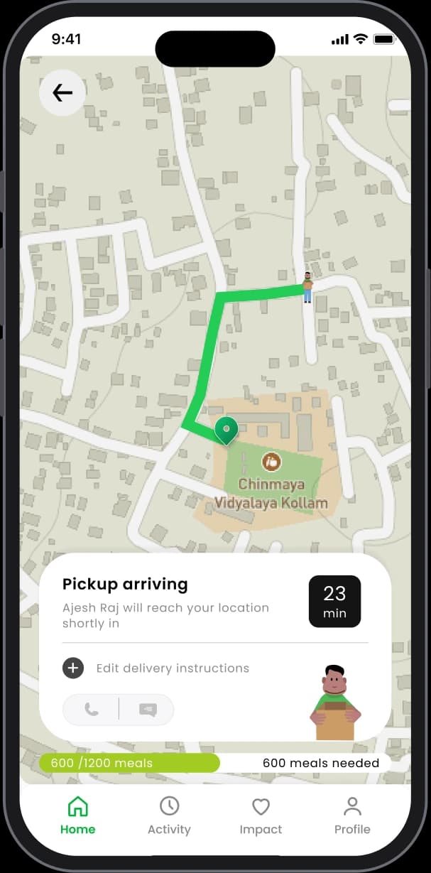 Live tracking map: pickup arriving in 23 minutes