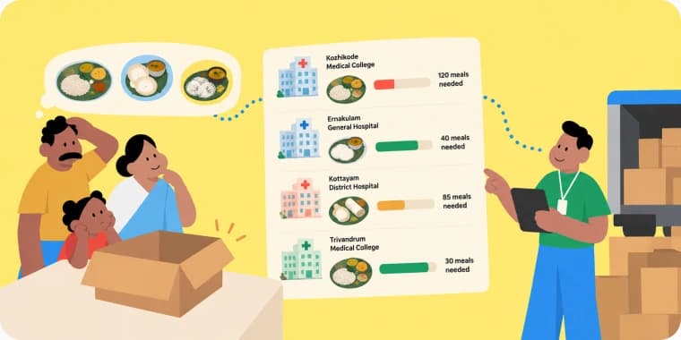 Illustration of a family unsure how many meals to cook while a volunteer holds a list of hospital demand