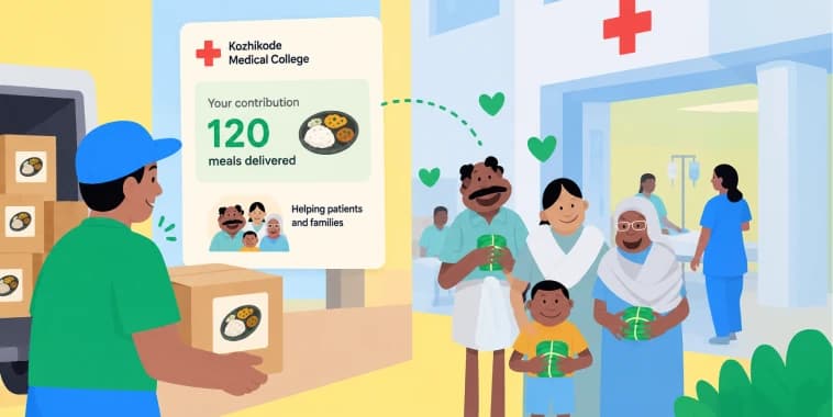 Illustration of a volunteer delivering a meal box in front of a hospital, with a sign showing 120 meals delivered
