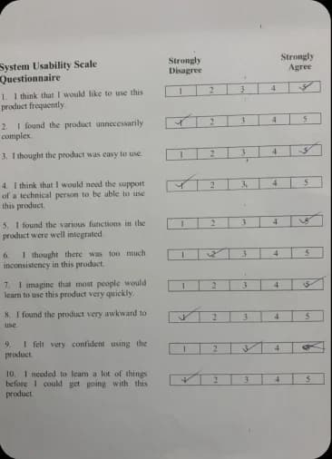 Completed System Usability Scale questionnaire, participant 5
