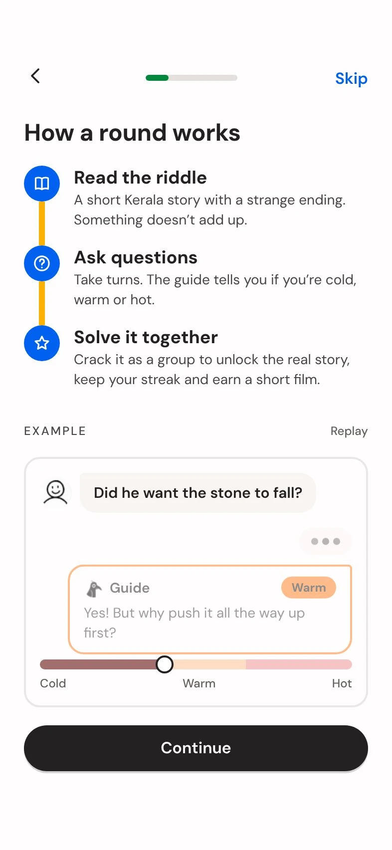 How a round works: read the riddle, ask questions, solve it together, with a cold-to-hot meter