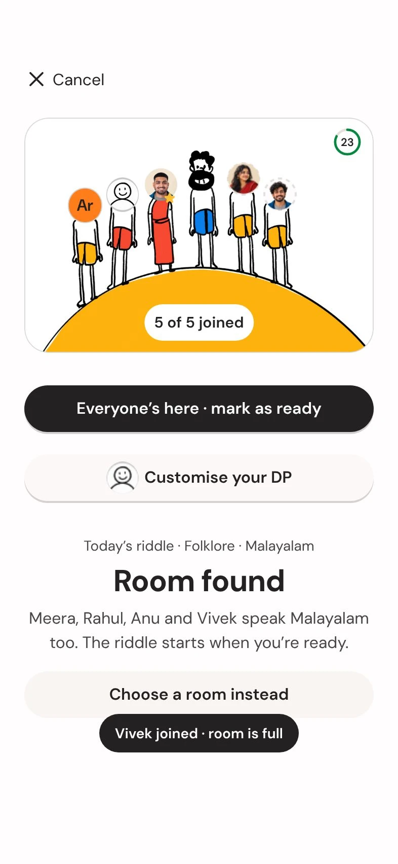 Room found: five doodle avatars waiting, with a Ready button