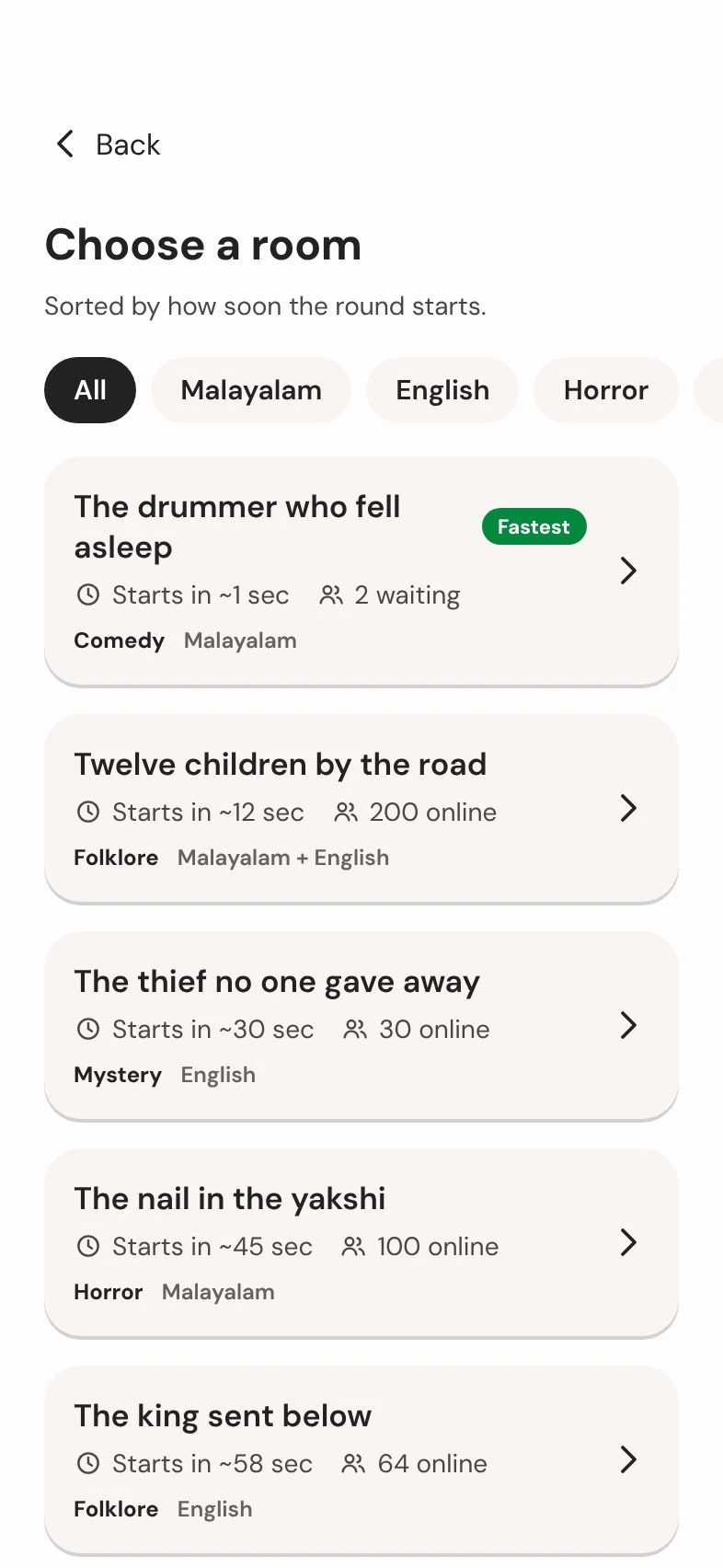 Choose a room: rooms sorted by how soon they start, filterable by language