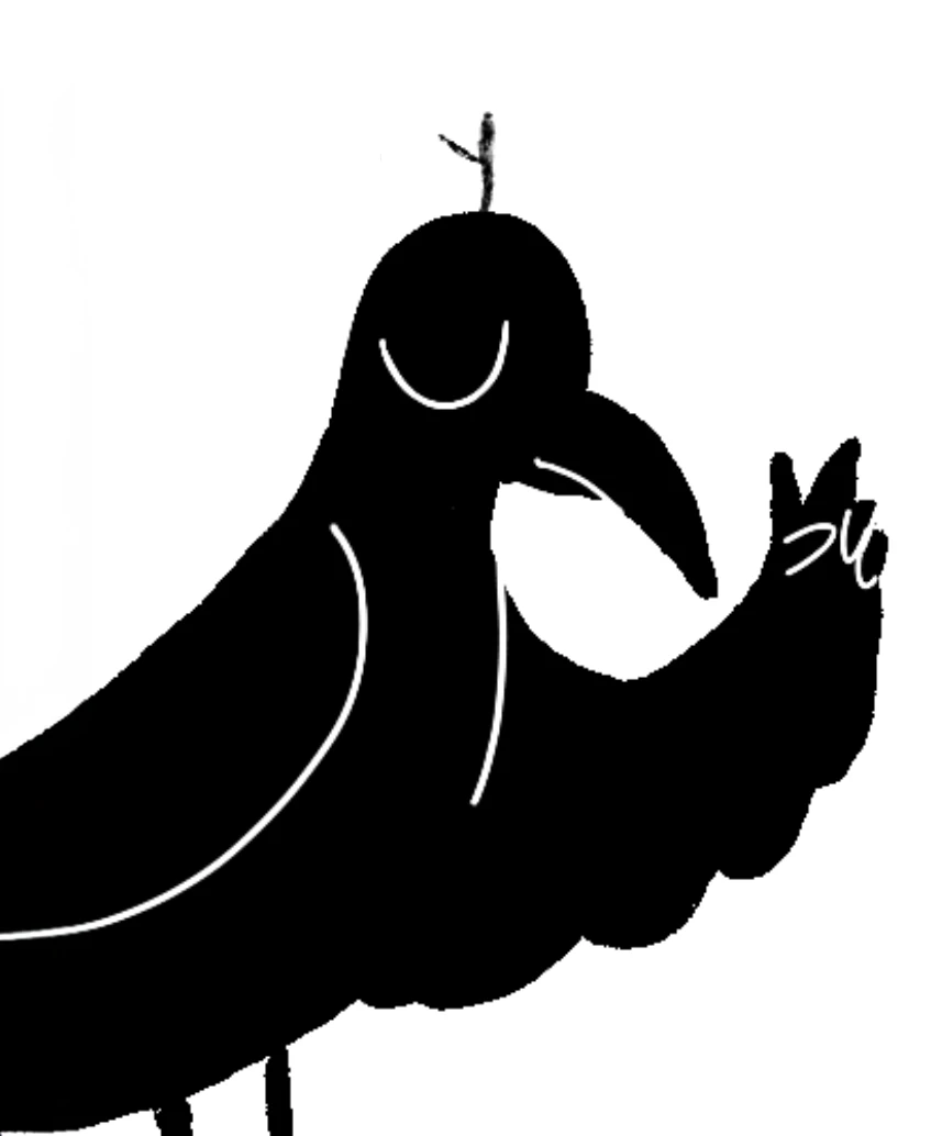 The crow, eyes closed in a smile, one wing raised like a hand