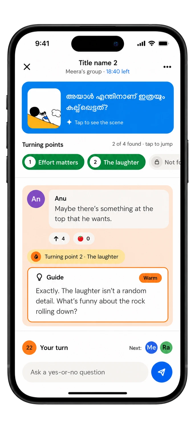 Play screen: a group chat of yes-or-no questions with the crow’s warm replies