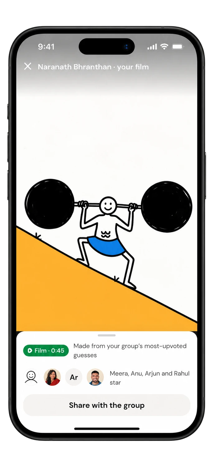 Reveal screen: the group’s story film of a man lifting a boulder on a hill