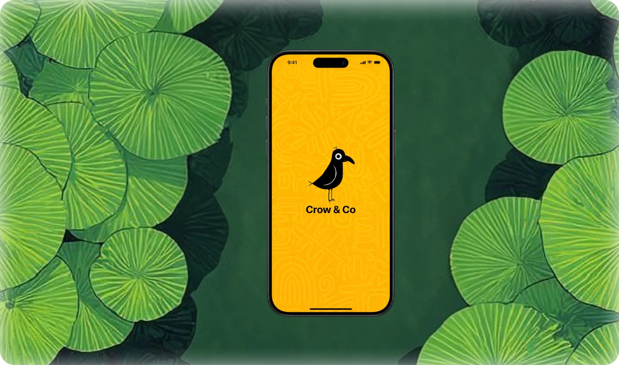 The Crow & Co splash screen on a phone: the crow above the name, on yellow, among green lily pads