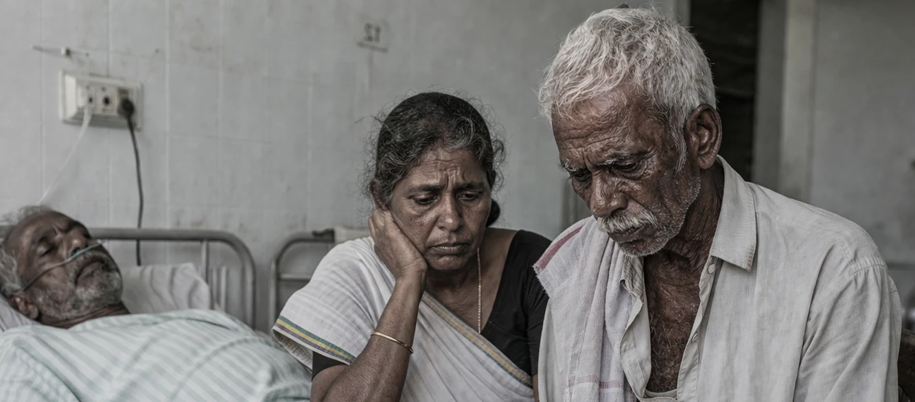 An elderly man reads a hospital bill while a woman rests her cheek on her hand beside a patient on a bed
