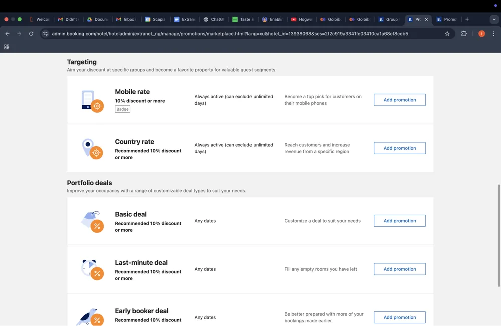 Booking.com promotion list: targeting deals and portfolio deals such as Basic deal, Last-minute deal and Early booker deal