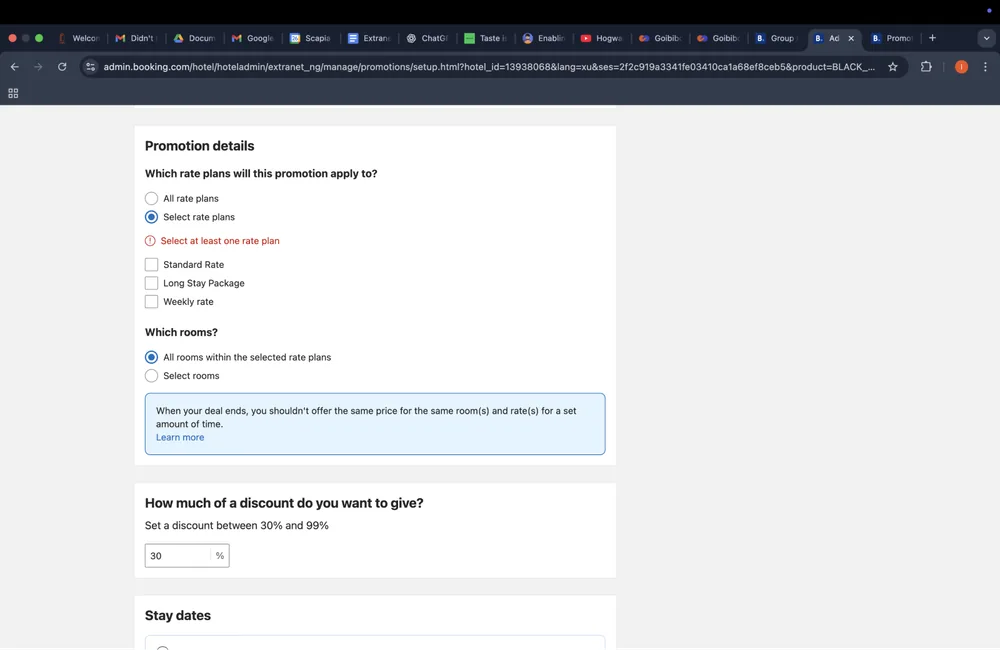 Booking.com promotion setup: which rate plans the promotion applies to, and the discount field