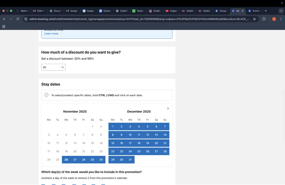 Booking.com promotion setup: discount percentage and a two-month stay-date calendar