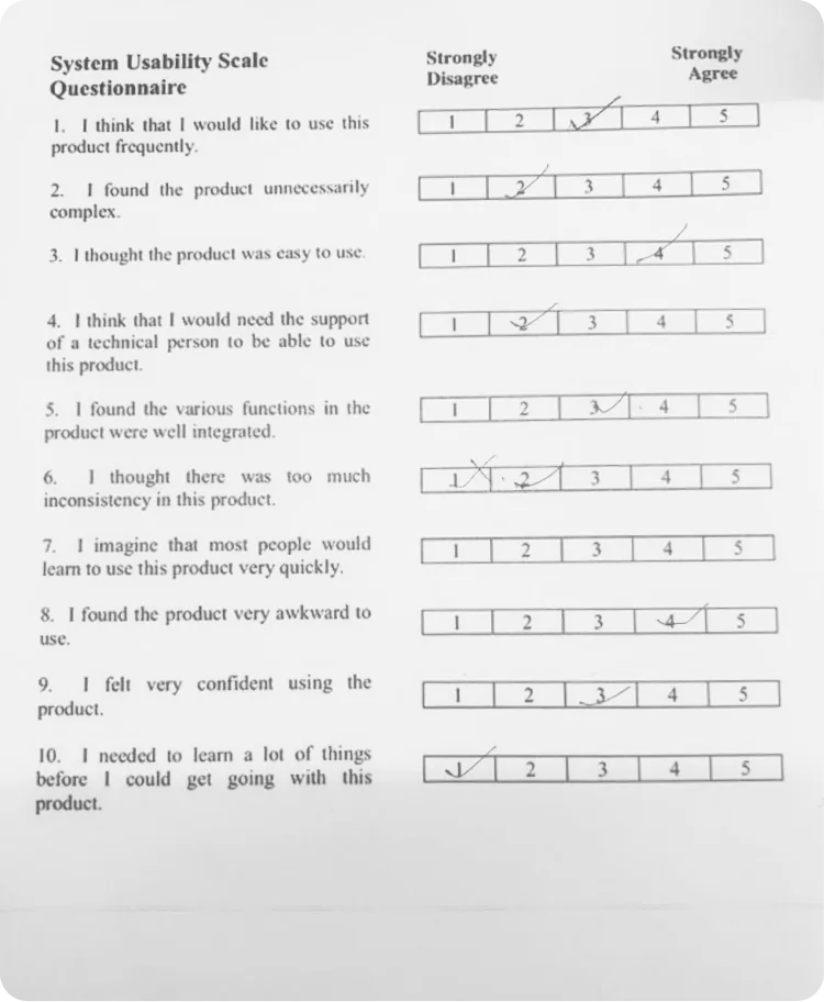A filled-in System Usability Scale questionnaire from SUS testing