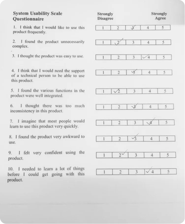A second filled-in System Usability Scale questionnaire from SUS testing