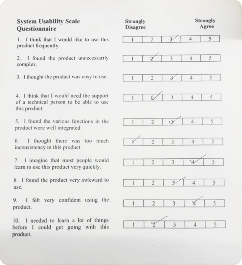 A third filled-in System Usability Scale questionnaire from SUS testing