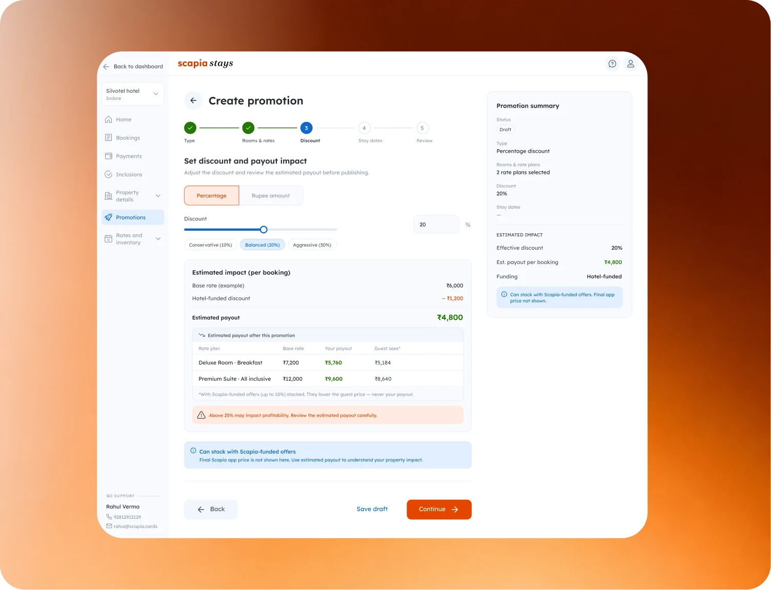 Create promotion, discount step: percentage discount, estimated impact per booking and the payout table