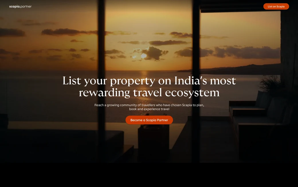The Scapia Partner website: “List your property on India's most rewarding travel ecosystem”
