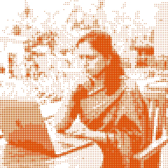 Comic panel: Devika at a laptop