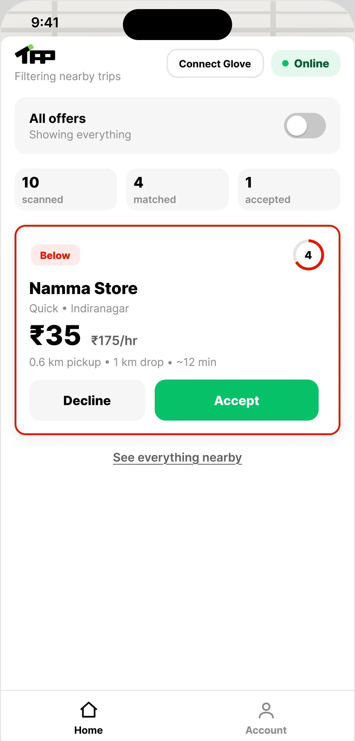 An offer from Namma Store, ₹35 at ₹175/hr, marked Below with a countdown ring