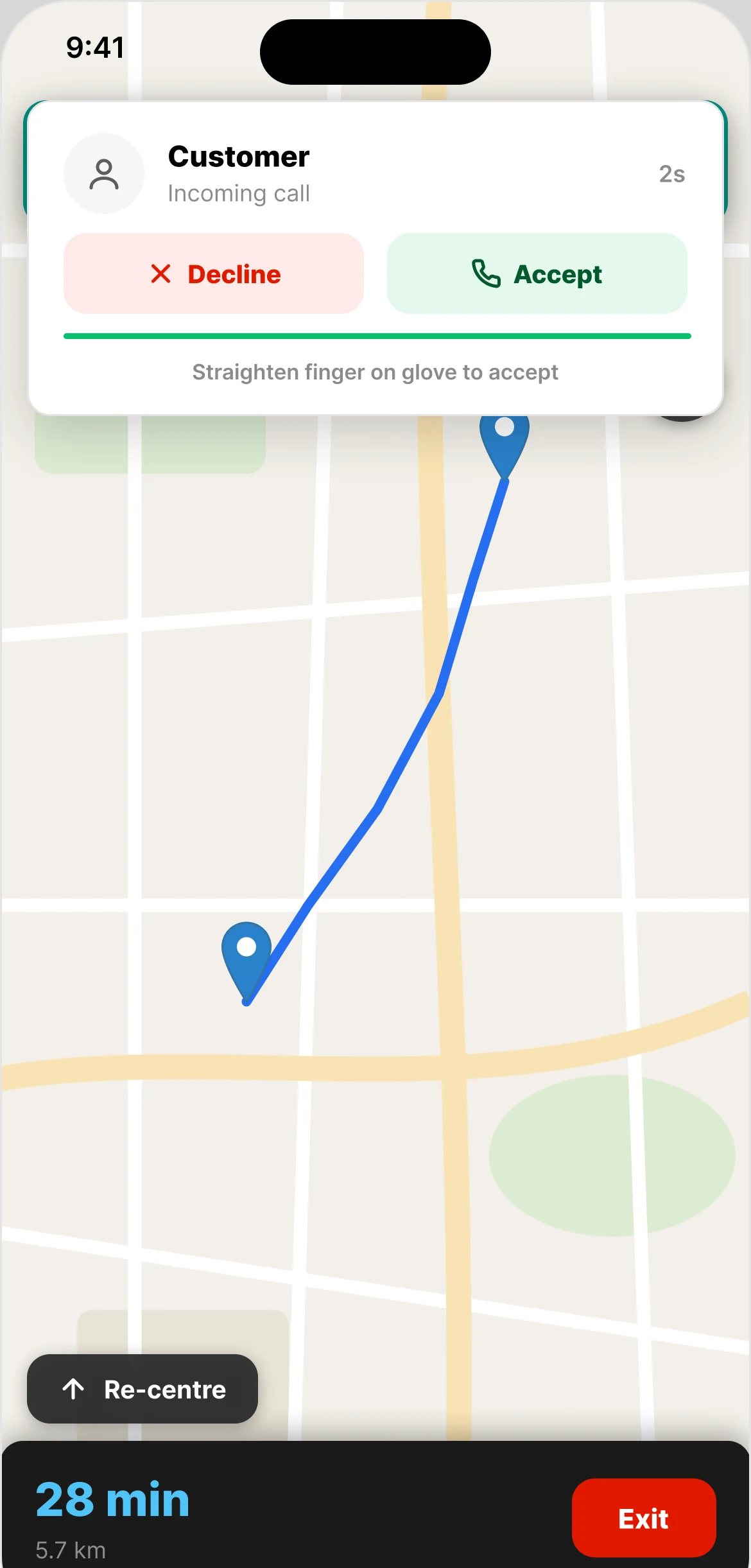 A customer call over the navigation map, with Decline and Accept