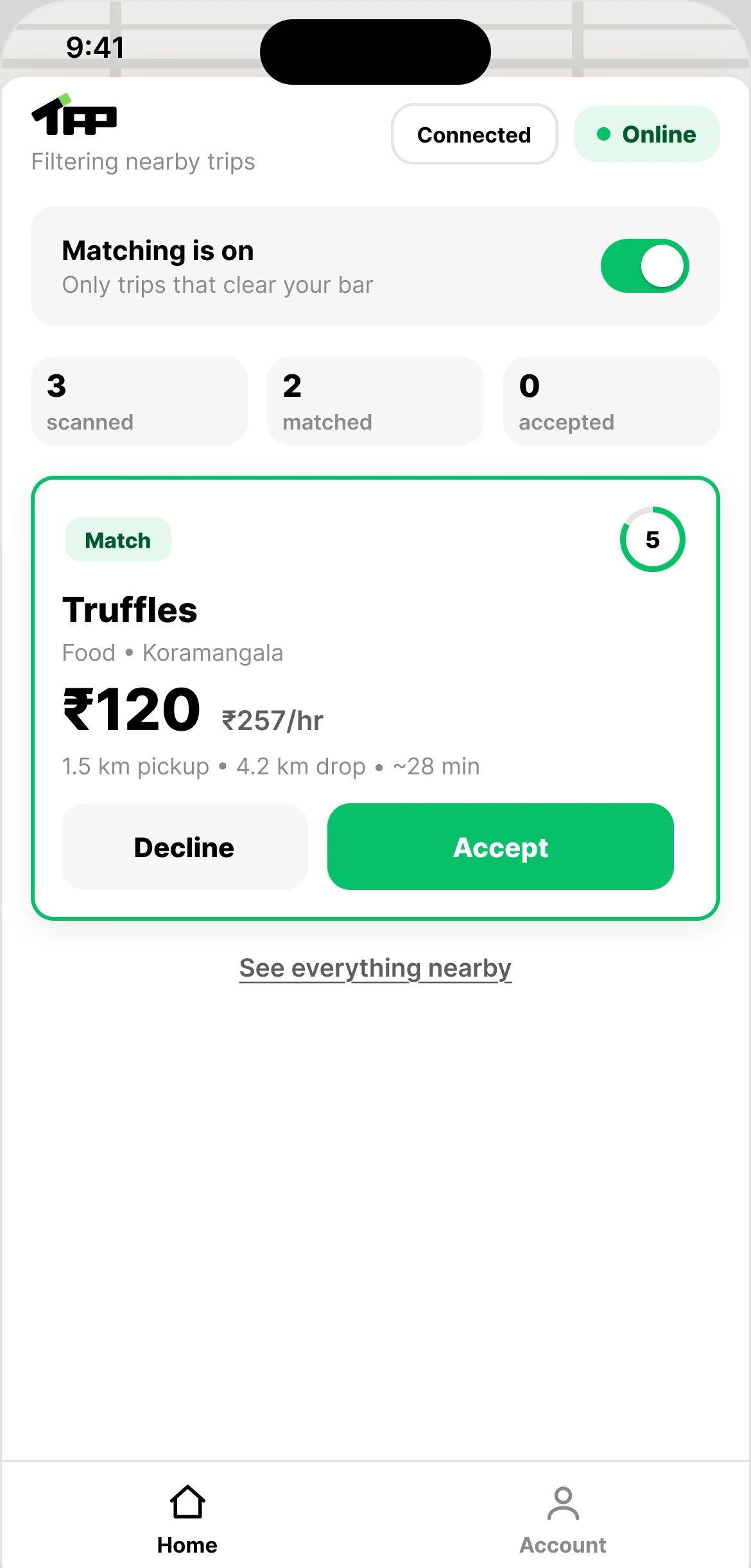 Matching is on: an offer from Truffles, ₹120 at ₹257/hr, marked Match with a countdown ring