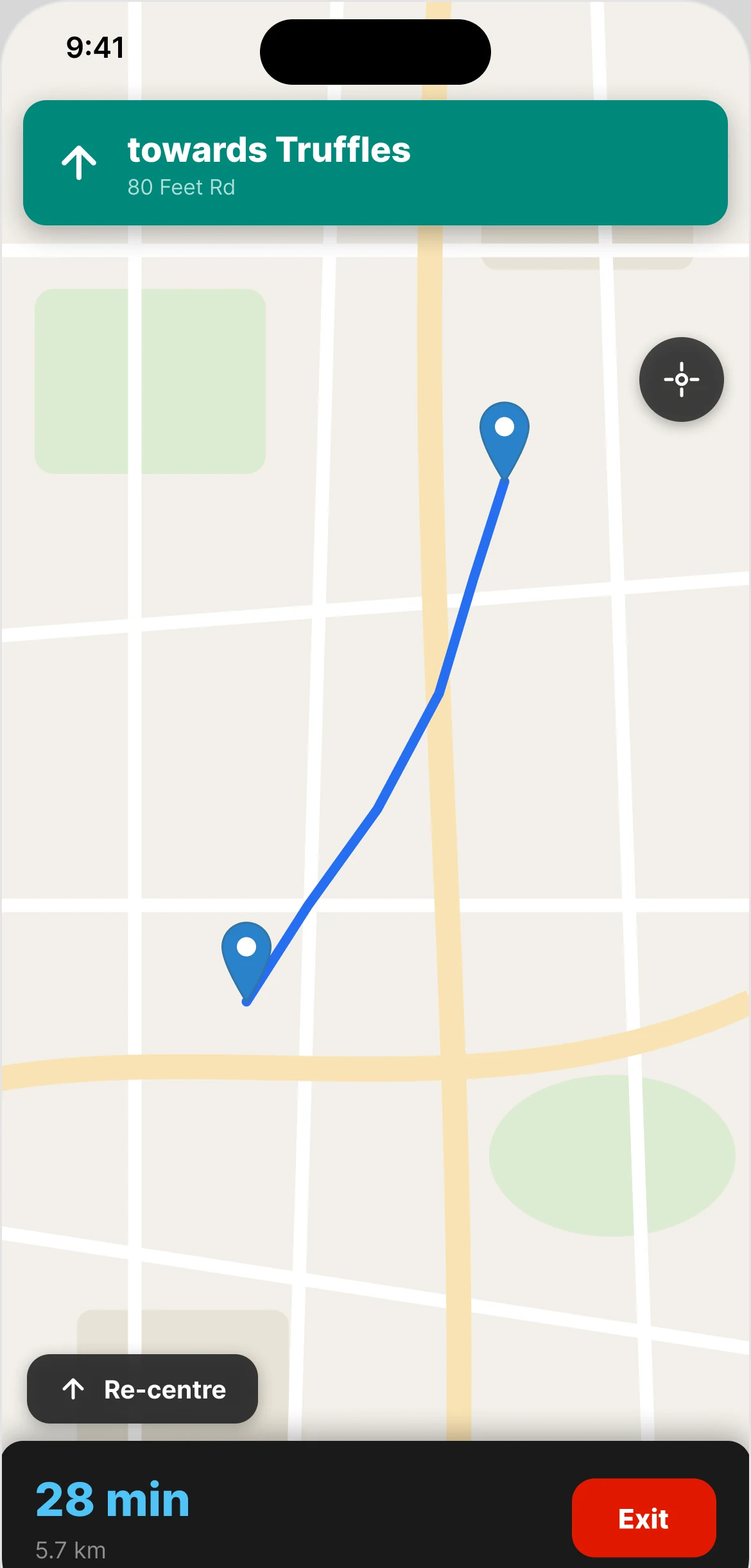 Navigation towards Truffles, 28 min, with the route on the map