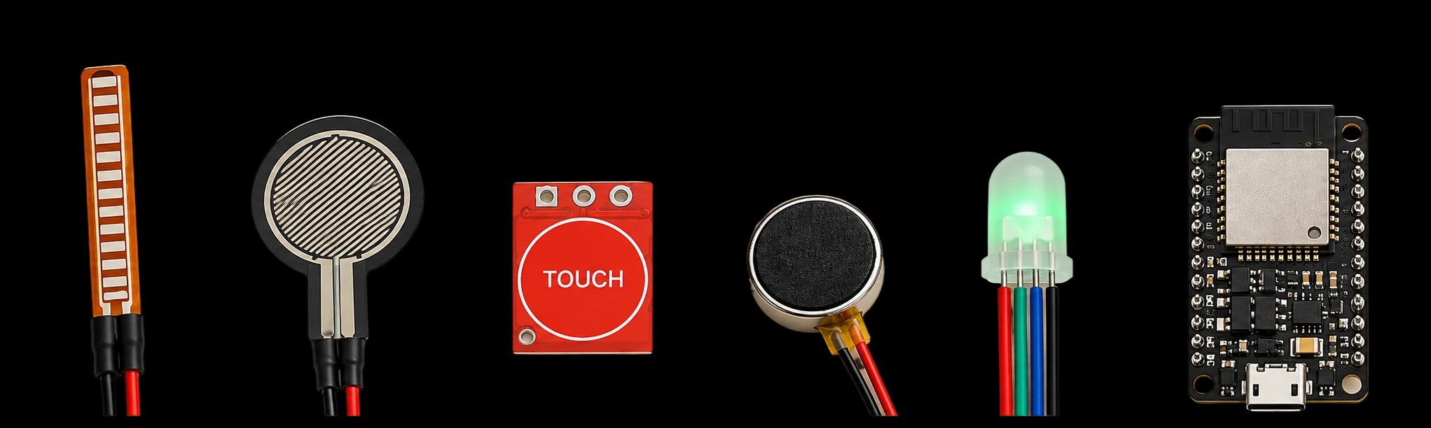 The parts: a flex sensor, a round force sensor, a red TTP223 touch sensor, a coin vibration motor, an RGB LED and an ESP32 board
