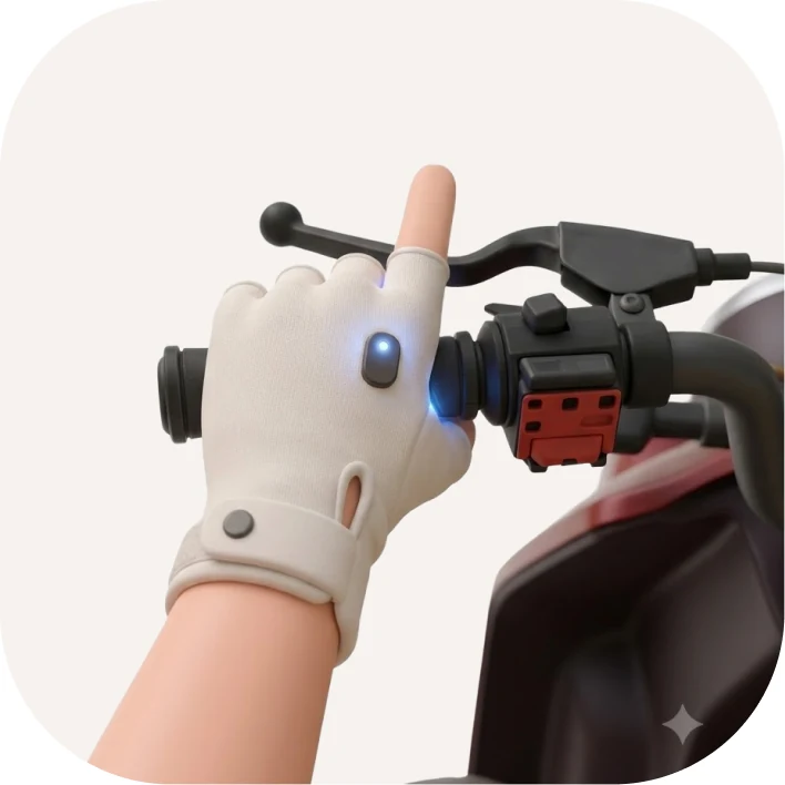 A gloved hand on a scooter grip with the index finger straightened and held