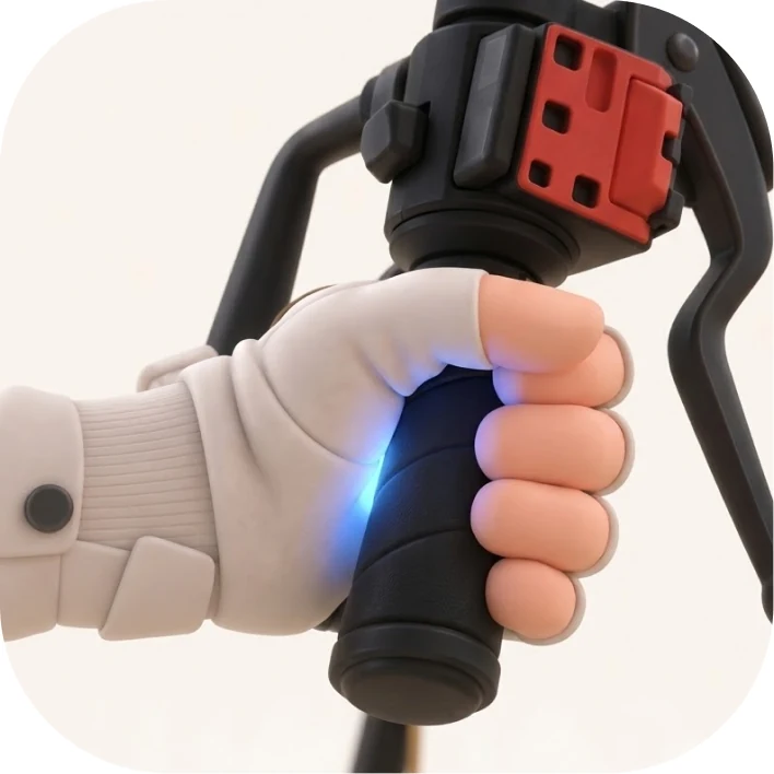 A gloved hand squeezing the whole grip, a blue light at the palm