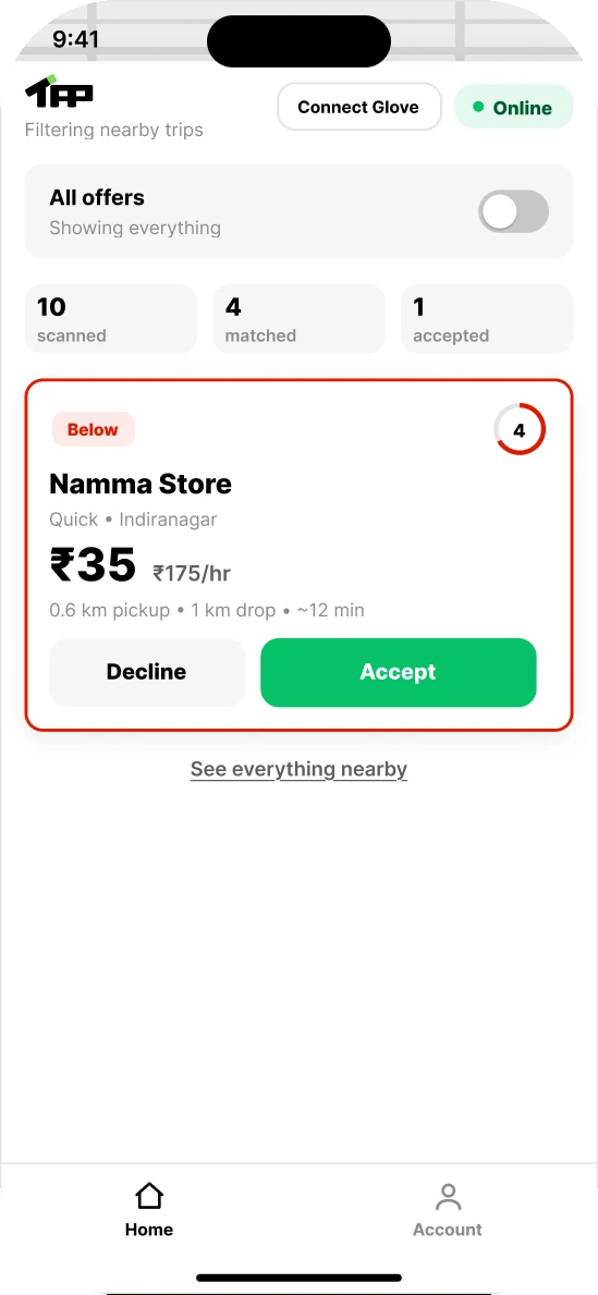 The Tapp app with all offers showing: Namma Store, ₹35, marked Below in red