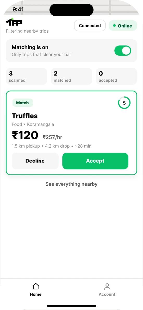 The Tapp app with Matching on: Truffles, ₹120, marked Match in green