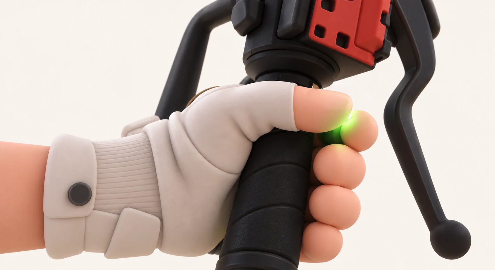 A gloved hand on a scooter grip, index finger and thumb pinched, a green light glowing at the fingertip