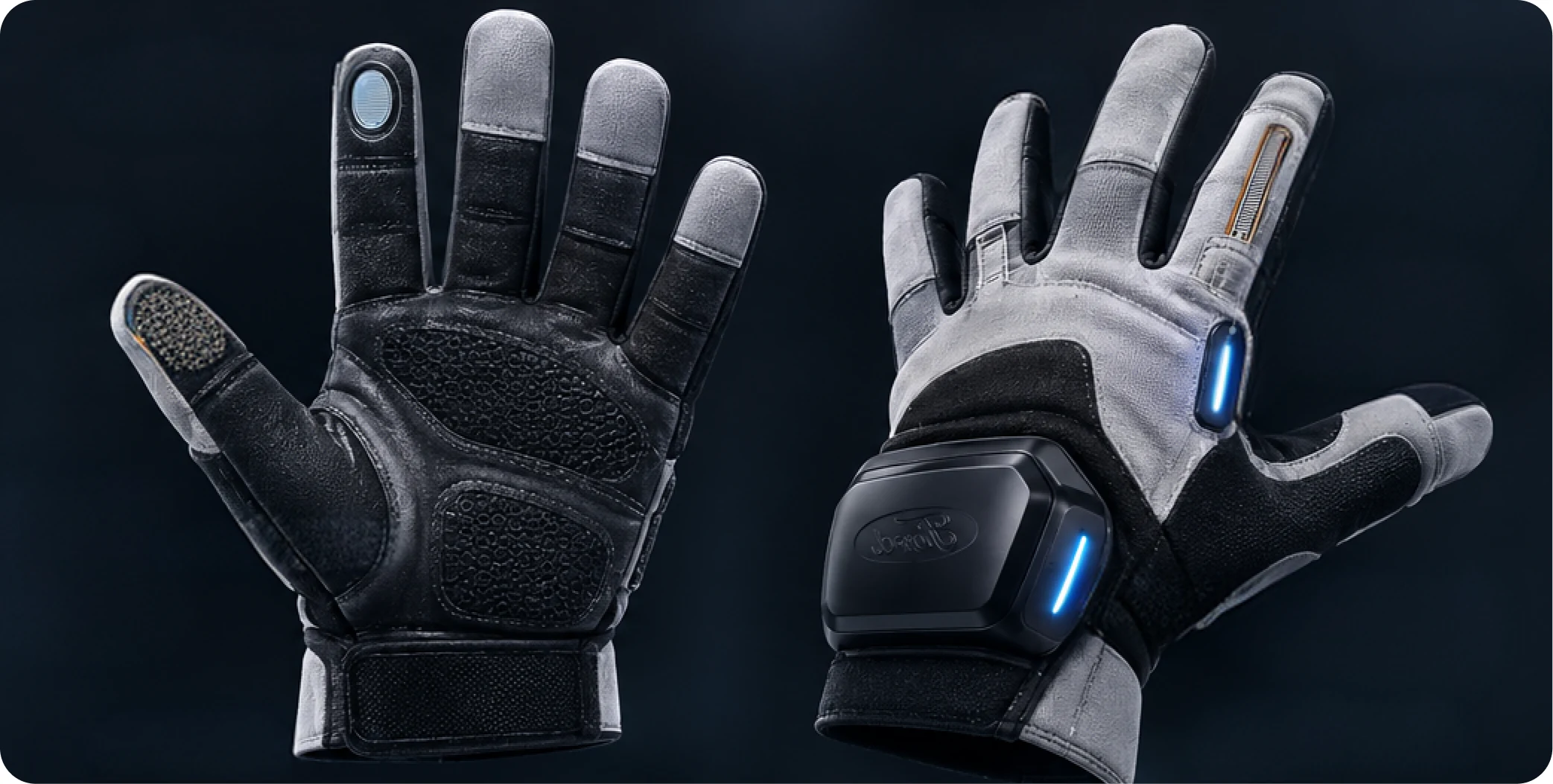 Renders of the final glove, palm and back: a touch sensor on the index fingertip, a force sensor in the palm, a flex sensor along the index finger, an RGB status LED and the main module at the wrist