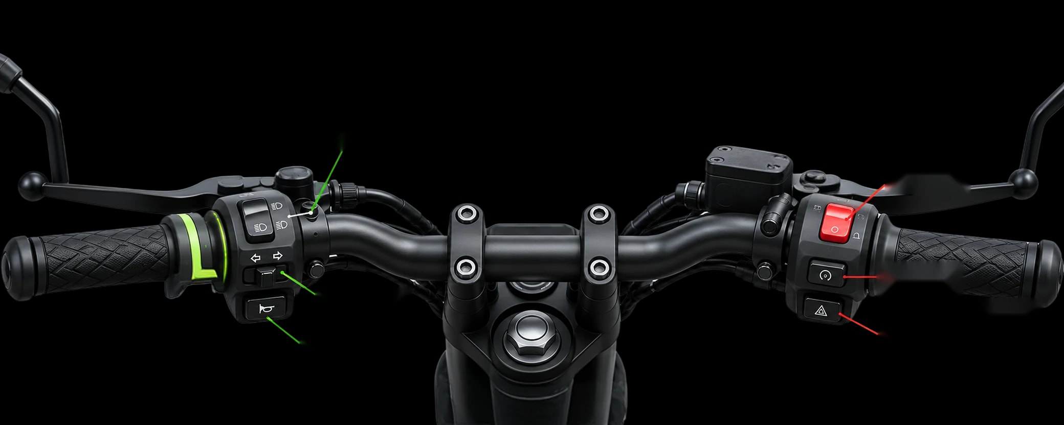 A motorbike handlebar from the rider’s seat: the left switch cluster with headlight, indicator and horn switches, and the right cluster with the kill switch, start button and ride mode