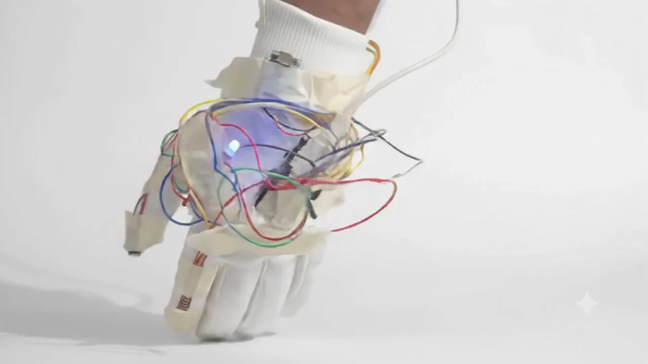 The Tapp glove prototype, wired with sensors and an LED, turning in front of a white backdrop