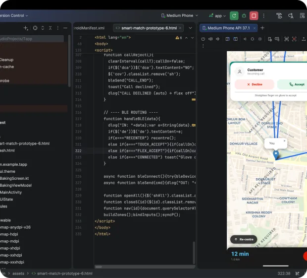 Android Studio with the app’s code beside a phone emulator showing the offer screen