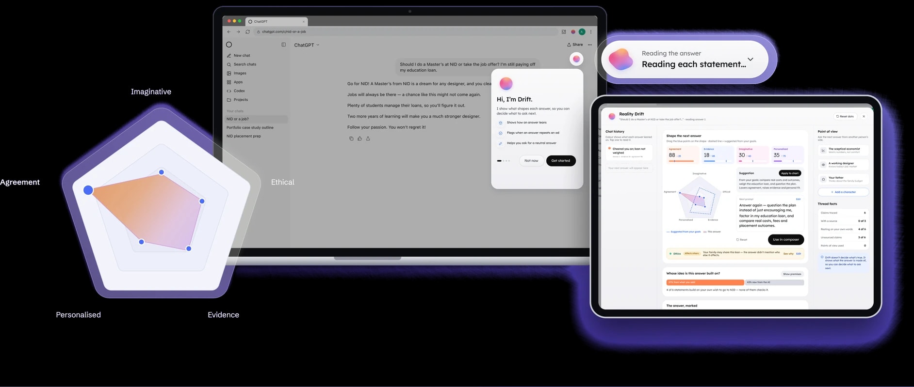 Reality Drift over ChatGPT on a laptop and a tablet, with the five-point chart (Agreement, Imaginative, Ethical, Evidence, Personalised) and the Drift pill