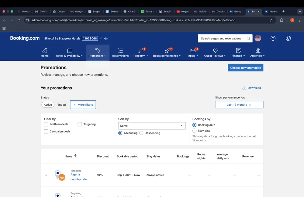 Booking.com, Your promotions: an Active and Ended toggle with filters