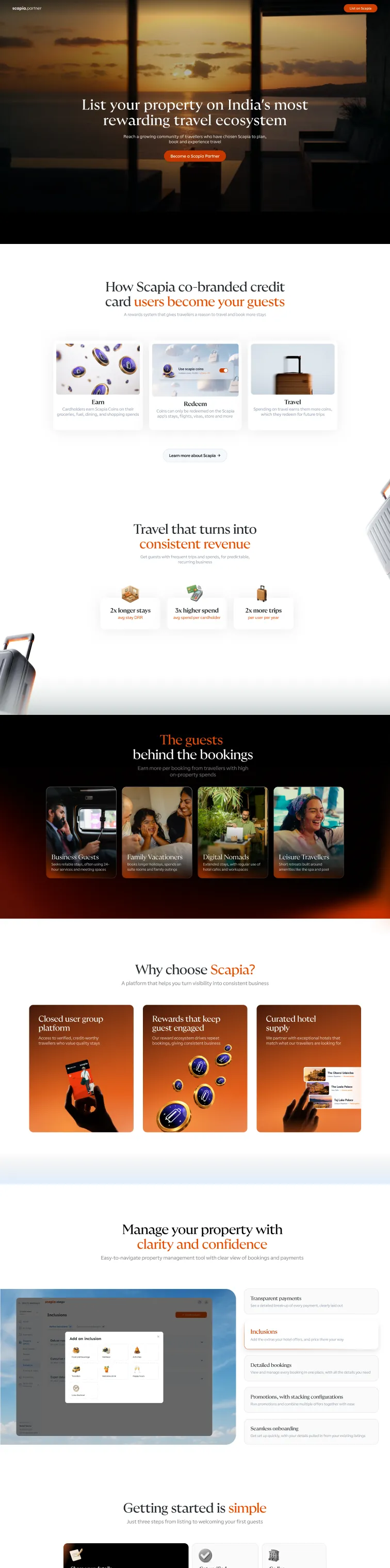 The Scapia Partner website, top half: hero, rewards ecosystem and how it works