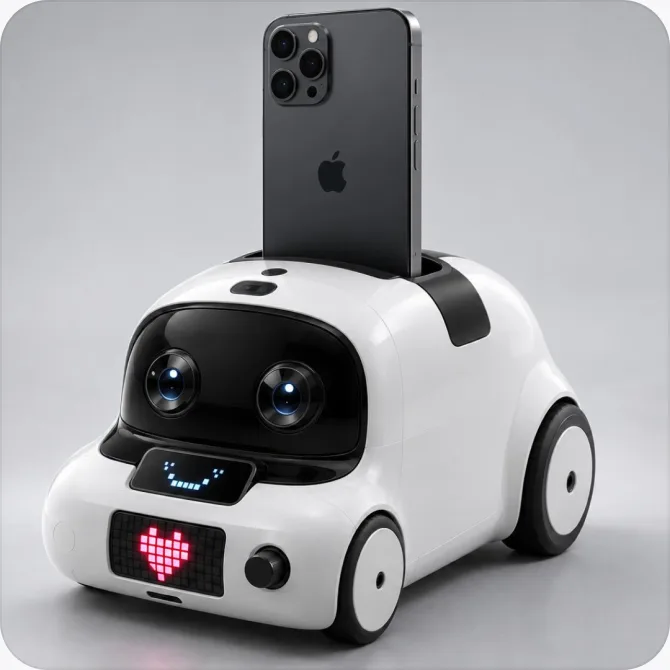 Charli, a small white robot with a phone standing on its back